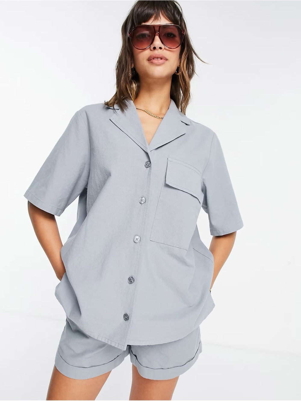Cool Blue Gray Matching Oversized Bowling Shirt Chino Shorts Co-ord Set Size 12